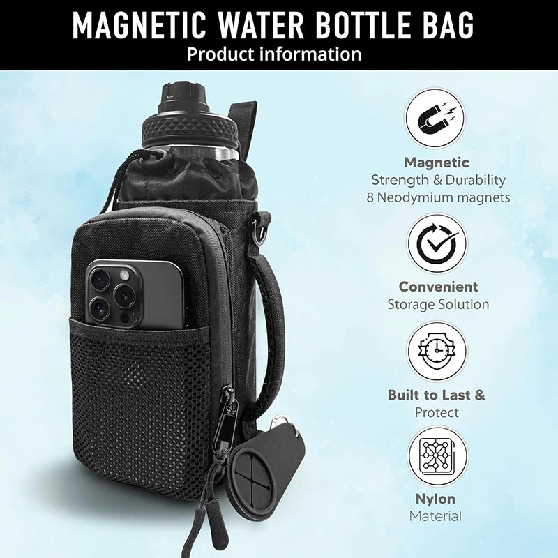 Black Durable Crossbody Water Bottle Carrier Bag for Men and Women,New High Quality Magnetic Gym Bag with Mesh Pocket