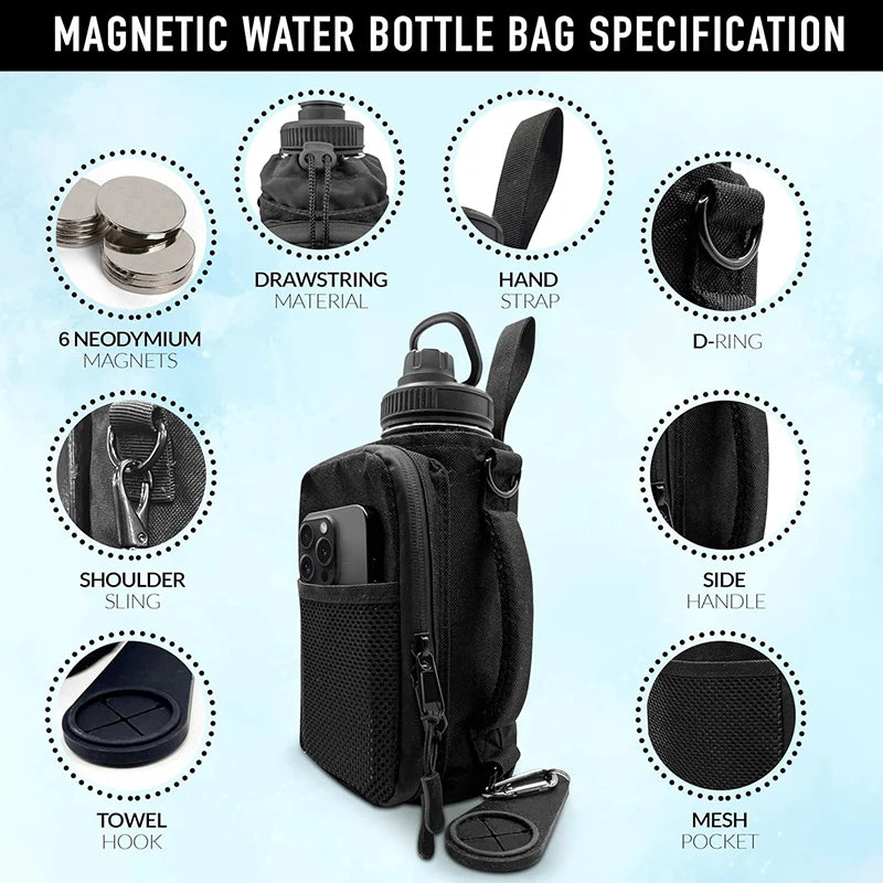 Black Durable Crossbody Water Bottle Carrier Bag for Men and Women,New High Quality Magnetic Gym Bag with Mesh Pocket