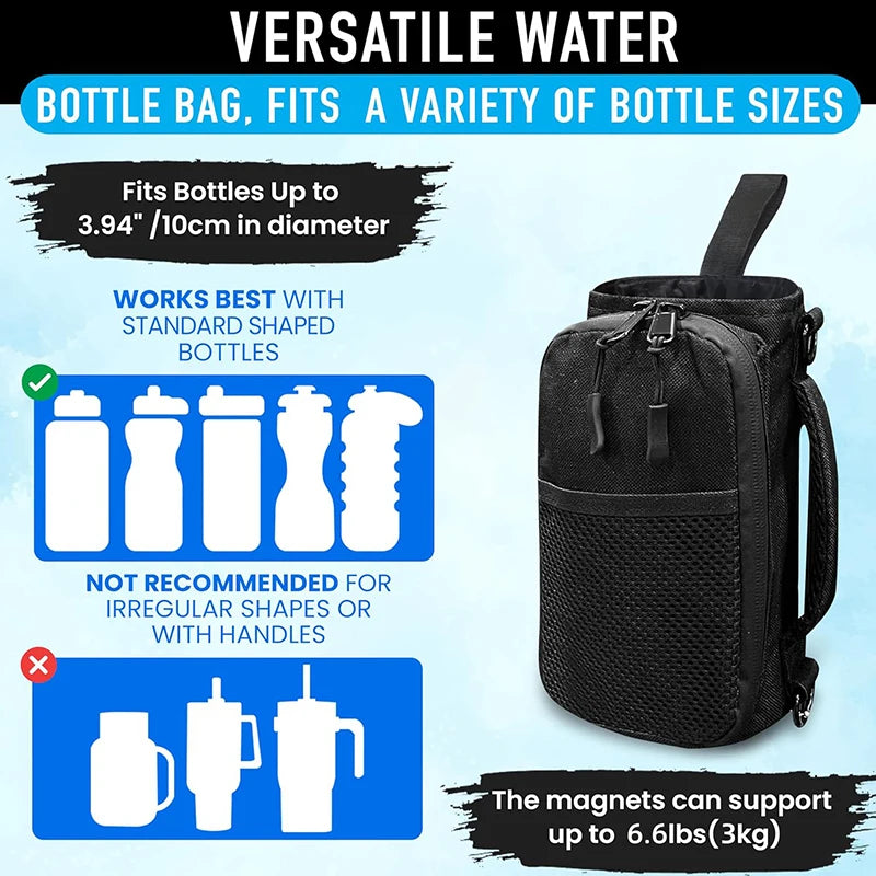 Black Durable Crossbody Water Bottle Carrier Bag for Men and Women,New High Quality Magnetic Gym Bag with Mesh Pocket
