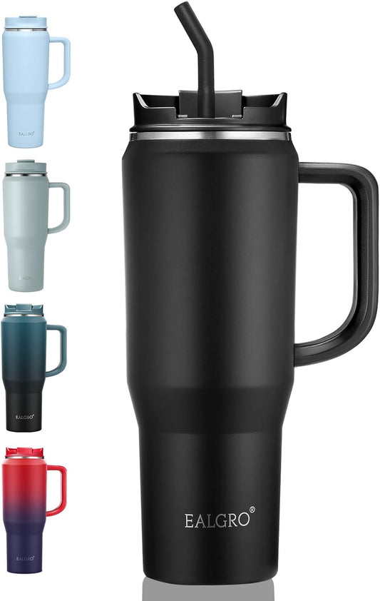 40 Oz Tumbler with Handle, Insulated Tumblers with Lid and Straw, Large Metal Sports Water Bottle Jug, Thermal Stainless Steel Travel Coffee Mug Cup, Black